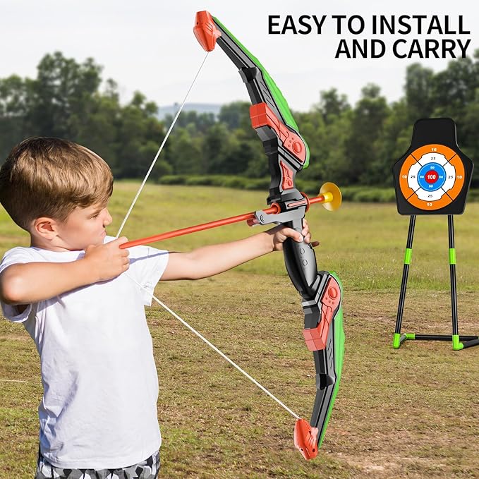 TEMI Bow and Arrow Set for Kids with LED Lights-Archery Set with 10 Suction Cup Arrows, Quivers & Standing Target, Outdoor Toys for Kids Boys & Girls Ages 3-12 Years Old