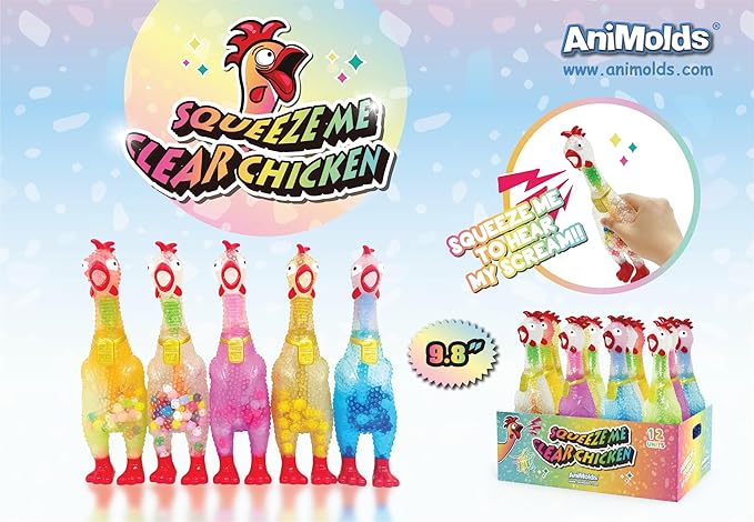 Animolds Squeeze Me Rubber Chicken Toy | Screaming Squeaky Chicken for Kids & Dogs | Novelty Prank Gag Gift (Clear Chicker 6 Pack)