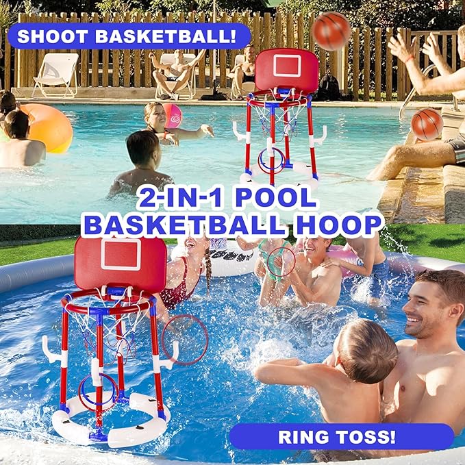 2-in-1 Floating Pool Basketball Hoop with Backboard, 4 Balls, 6 Rings & Pump, Stable Water Basketball Hoop & Ring Toss Pool Games for Ages 4-12, Summer Fun & Outdoor Indoor Family Pool Toys