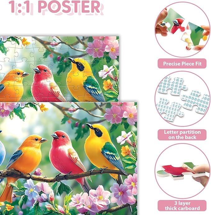 100 Piece Puzzles for Adults - Birds and Flowers Large Piece Puzzles for Senior Adults Kids Puzzle Ages 5-8 Jigsaw Puzzles, Random Die Cut, No 2 Pieces Alike, Birds on Branches 15" x 11"