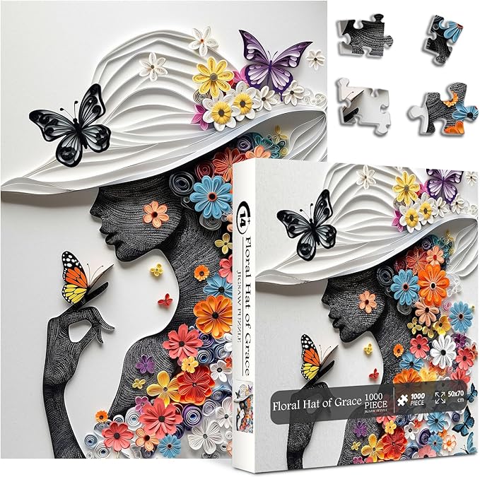 Flower Woman Puzzle for Adults 1000 Pieces, Butterfly Fairy Girl Jigsaw Puzzle, Colorful Floral Women Paper Art Puzzles as Home Decor