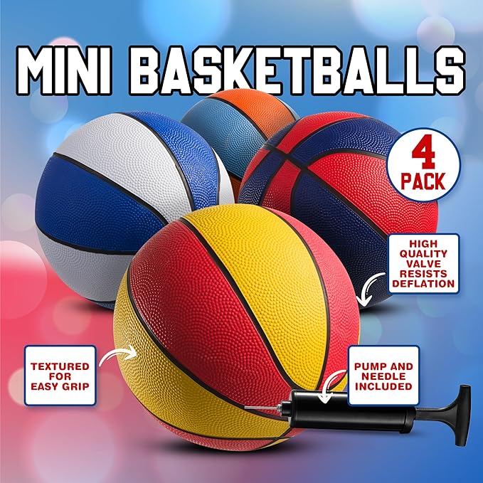 Rubber Mini Basketballs 7 Inch, Size 3 (Pack of 4) - Pool Basketball for Kids in Assorted Colors Indoor & Outdoor, Boys & Girls, for Small Hoops, Game Prizes, Arcade Games, w/Pump