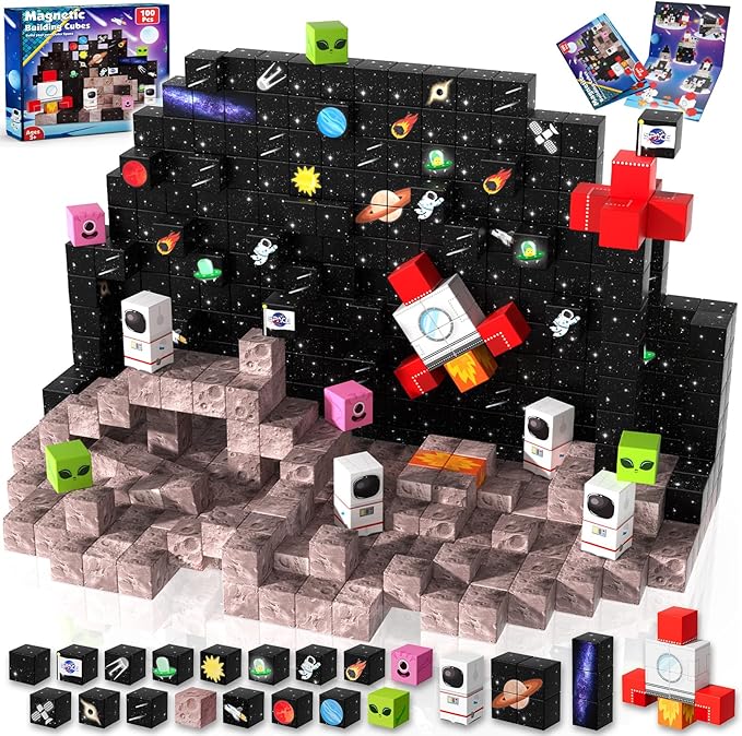 Goody King 100PCS Space Rocket Magnetic Building Blocks |Space Adventure Magnetic Blocks Set, STEM Montessori Stacking Toy, Building Playsets for Boys and Girls Ages 3-10,Sensory Tile Easter Gifts
