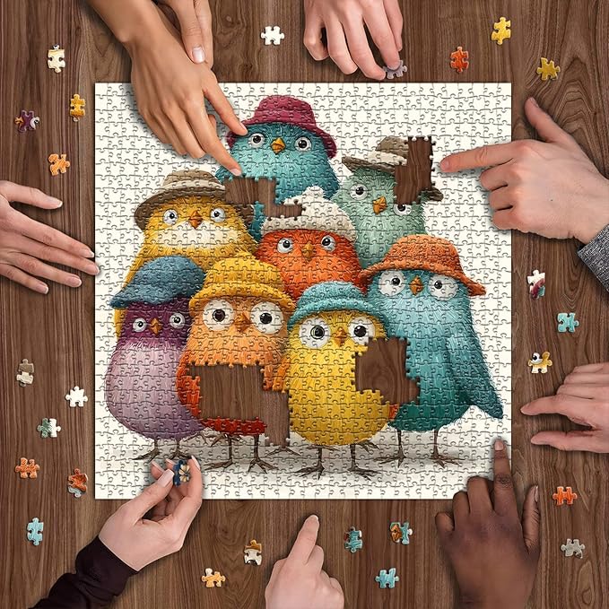 Colorful Birds Jigsaw Puzzles 1000 Pieces for Adults, Cute Birds with Hats Art, Funny Bird Animal Jigsaw Puzzle, Challenging Puzzles for Adults