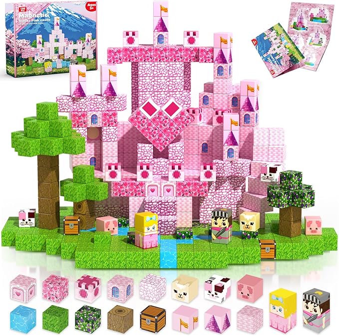 Magnetic Blocks - 100PCS Magnetic Building Block for Kids, Build Pink Princess Castle Magnet Cubes Sets, Princess Toys for Girls Ages 3 4 5 6 7 8-12 Easter Birthday Gifts Construction STEM Toys