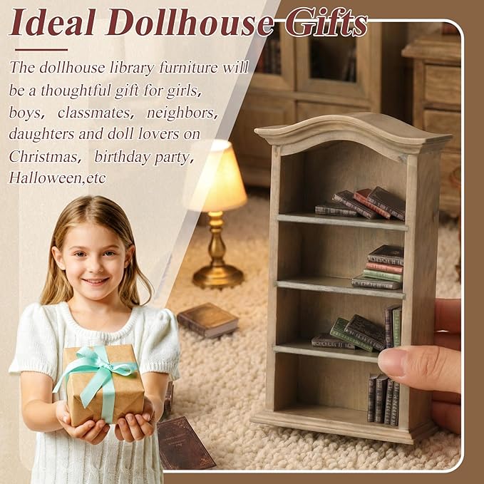 36 Pcs 1:12 Scale Miniatures Dollhouse Books and 1 Wooden Bookcase,4 Floors Furniture Display Bookshelf Cabinet Mini Assorted Books,Dollhouse Decoration Accessories for Home Bedroom