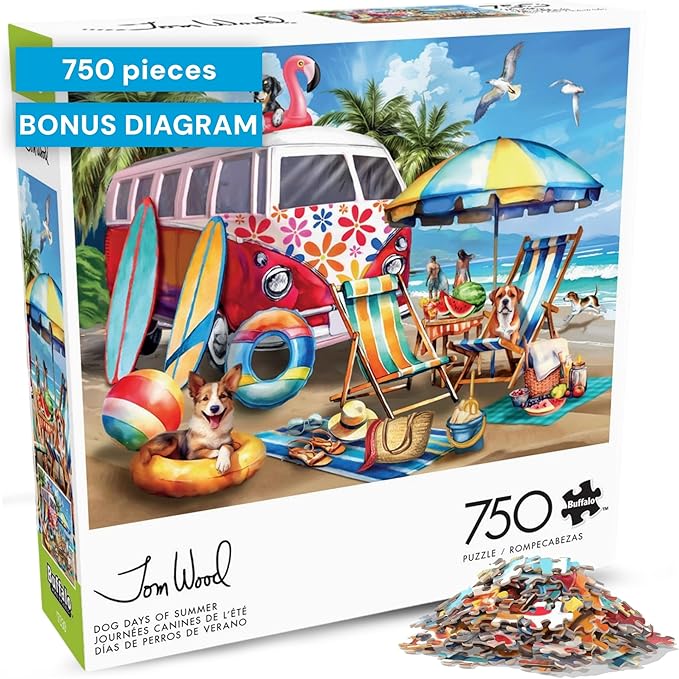Buffalo Games – Dog Days of Summer by Tom Wood 750 Piece Jigsaw Puzzle for Adults – Precision-Cut Pieces, Beautiful Artwork, and Hours of Relaxing Fun - Relaxing Beach Day with The Family Pet