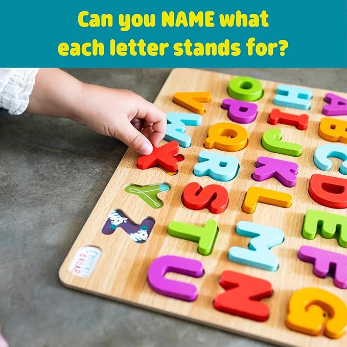 Chuckle & Roar - Wooden Puzzle ABC and 123 Theme 2 Pack - Peek a Boo Learning Puzzles for Toddlers - Hidden Pictures Under Each Piece - Educational Wooden Puzzles for Kids Ages 3+