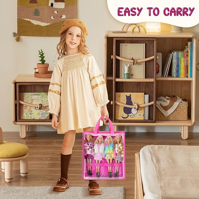 4 Pack Doll Storage Organizer Compatible with Barbie Dolls 12-Inch, Toy Storage Bag Compatible with LOL Surprise Dolls, Toy Travel Carrying Case for Girls Boys with Label & Handle, Bags Only