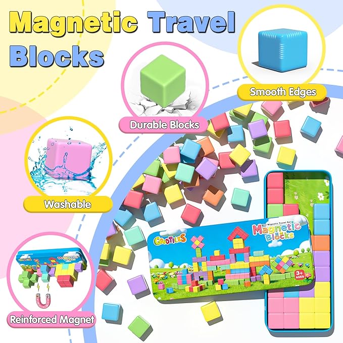 Mini Magnetic Blocks, Travel Outdoor Toys for Kids Ages 3-5 4-8, Magnet Cubes with Iron Box, STEM Montessori Sensory Building Toys, Ideal Gifts for Toddlers Boys Girls Birthday