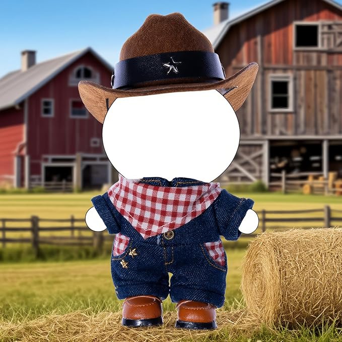 Cowboy Outfit for Dolls – 4-Piece Western Set with Denim Hat, Plaid Scarf, One-Piece Jumpsuit & Brown Boots – Doll Clothes Accessories Only