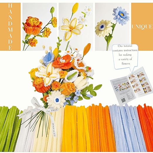 YYUENGTAK 350 Pcs (7 Colors) Pipe Cleaners Flower kit with tutoria,Fluffy Yarn,Green Floral Wires,Gardening Tape,Stamen(2 Colors)，Pipe Cleaners Craft,Chenille Stems for DIY Art Projects Creative Gift