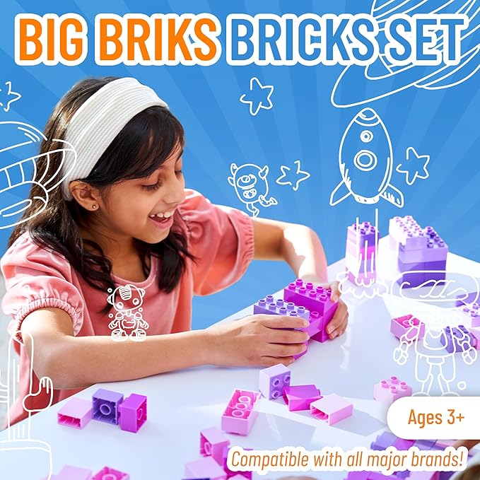 Strictly Briks Jumbo Building Blocks Set - Enhances Fine Motor Skills for Age 3+ - Vibrant Colorful Blocks for Girls Toys - Durable Pieces for Kid Toy Play - 108pc, Pink/Purple/Lavender