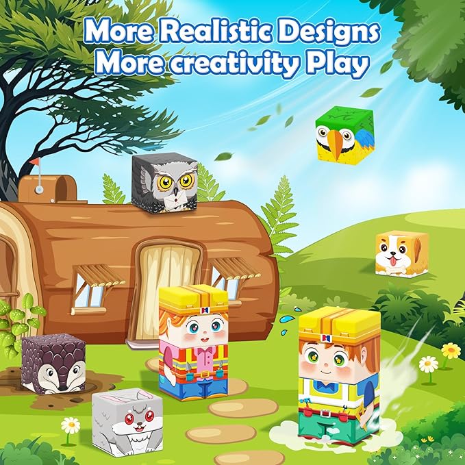 Magnetic Blocks with Animals, Magnetic Building Blocks Magnet Cube Toys Stacking, Build Forest World Set, STEM Montessori Sensory Toys for Gifts (150 Forest Animals)