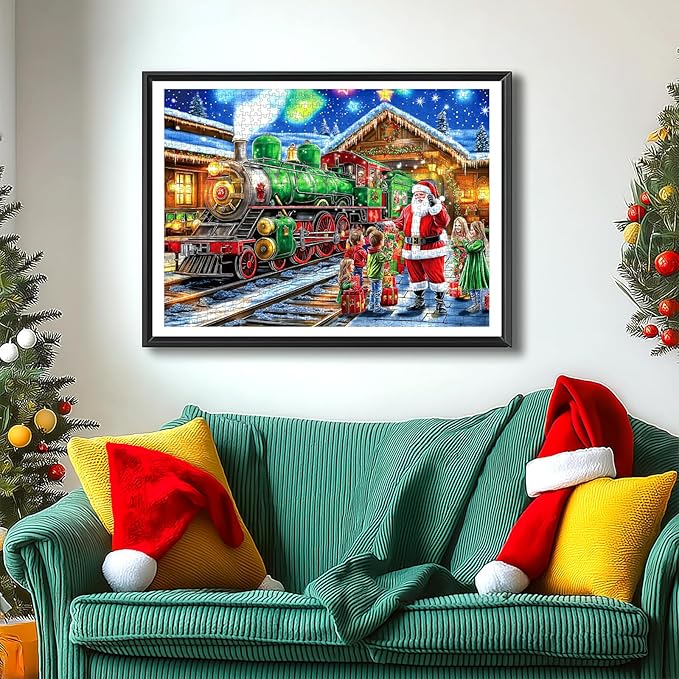Christmas 1000 Piece Puzzle for Adults, Christmas Train Jigsaw Puzzle Santa & Vintage Train Scene Adults and Teens Family Challenging Perfect for Game Nights (27.5x19.7 in)