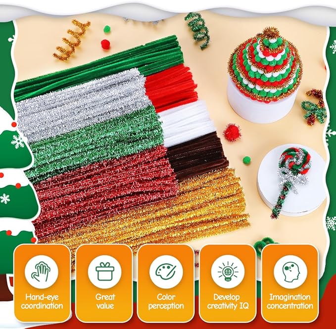 200pcs Christmas Pipe Cleaners – 8 Color Chenille Stems & Fuzzy Sticks for Crafts, Holiday DIY Decorations, Ornaments & Family Projects