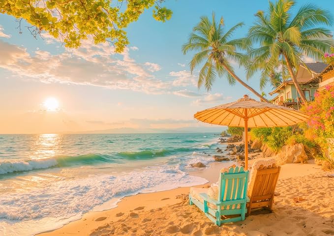 Tropical Beach Sunset 1000 Piece Puzzle for Adults - Coastal Paradise Art, Palm Tree Lounge Chair Scene, Poster & Lettered Back, 28"x20" HD, Gift for Travel & Relaxation Lovers