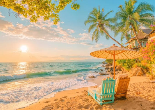 Tropical Beach Sunset 1000 Piece Puzzle for Adults - Coastal Paradise Art, Palm Tree Lounge Chair Scene, Poster & Lettered Back, 28"x20" HD, Gift for Travel & Relaxation Lovers