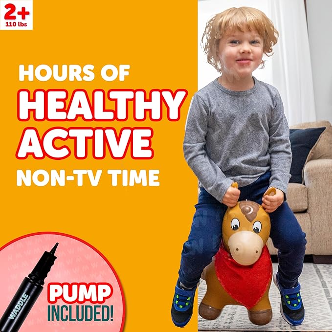 Waddle Bouncy Animal Hopper - Inflatable Hopping Animals, Indoors and Outdoors Fun, Pump Included, Riding Toys for Boys and Girls Ages 2 Years and Up, Brown Horse