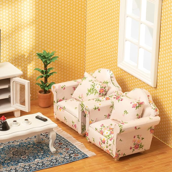 SAMCAMI Miniature Dollhouse Furniture 1 12 Scale - Wooden Dollhouse Furniture Set for Dollhouse Living Room - Doll House Furniture Incl Sofa, TV Cabinet, Coffee Table and Other Accessories (Red)