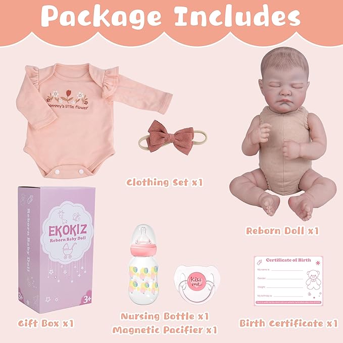EKOKIZ Lifelike Reborn Baby Dolls, 20-Inch Realistic Baby Doll Girl Soft Cloth Body Newborn Doll with Complete Accessories for Kids Age 3+ Real Life Dolls, Lovely & Pretty Girls