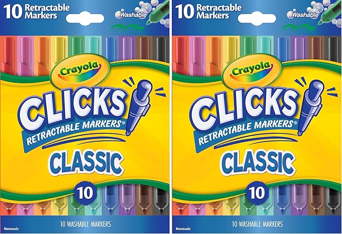 Crayola Clicks Retractable Tip Markers (10ct), Stocking Stuffers for Kids & Toddlers, Cone Tip Washable Art Marker Set, Coloring Book Supplies, No Dry, 3+ (Pack of 2)