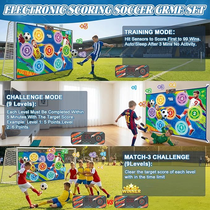Electronic Scoring Soccer Toy Game Mat Set for Kids, Indoor Outdoor Toss Soccer Target Game with Real-Time Score, 2 Soft Soccer & Goal, Birthday Gifts for 3-5/6-8/8-12 Years Old Boys Girls