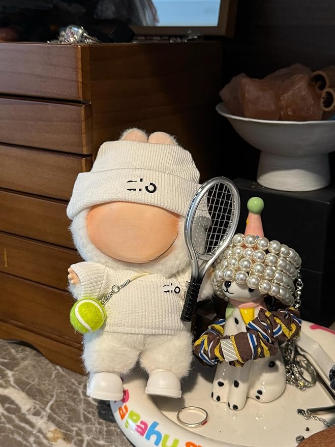 17cm Doll Clothes for Lububu Dolls，Designer Jerseys Clothes Suitable for lububu Dolls Outfits and Accessories Set， Includes top + Pants + Tennis Racket + Ball Charm + Shoes (White)