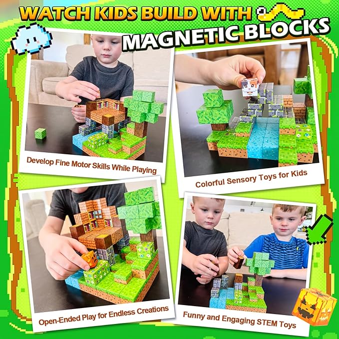 Magnetic Blocks - 100PCS Build Mine Magworld Forest Cottage Set, Kids Building Toys for Boys Girls Age 3-5 4-8 5-7, Construction Craft Sensory Toys Birthday Gifts for 3+ Years Old
