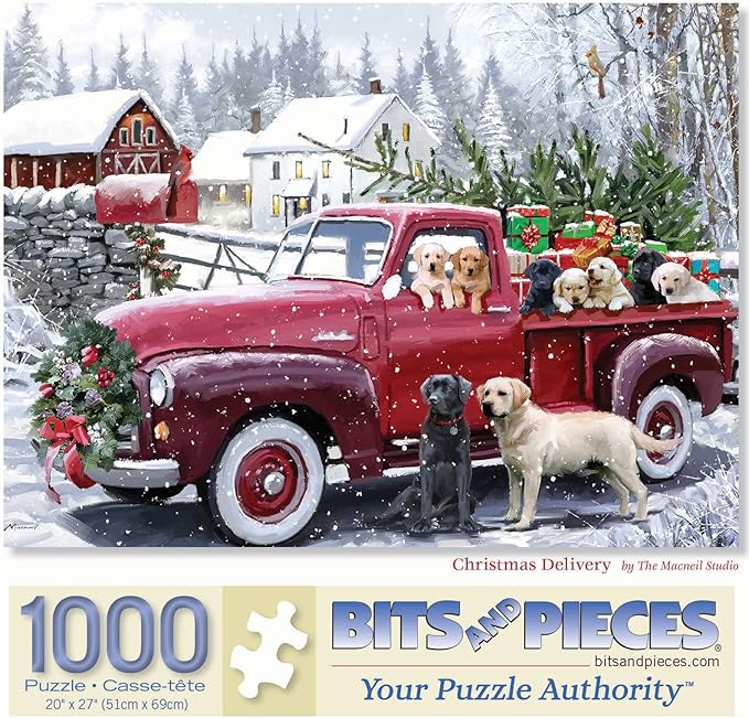 Bits and Pieces 1000 Piece Puzzles for Adults - Large 20" x 27" Jigsaw Puzzles 1000 Pieces Red Truck Presents Dogs, Random Die Cut, No 2 Pieces Alike, Christmas Delivery