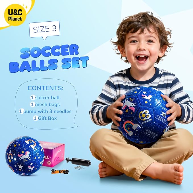 U&C Planet Soccer Ball Size 2 Size 3 Size 4 for Toddler Kids with Pump Deflated, Cartoon Unicorn Dinosaur Soccer Ball Toy for Girls Boys 1-3 2-8 6-12