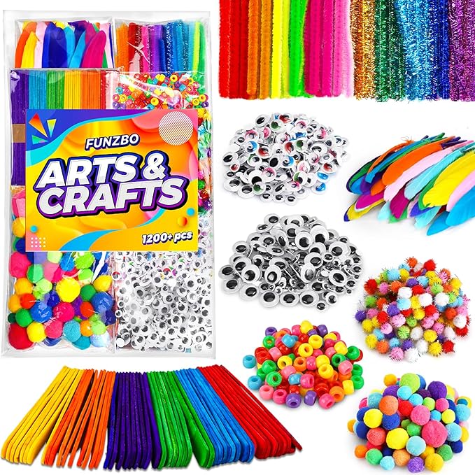FUNZBO 1200pcs+ Easter Craft Kits with Pipe Cleaners, Pom Poms for Crafts, Popsicle Sticks for Craft, Arts & Crafts Supplies for Kids Ages 4-8 Girls & Boys Birathday Gifts