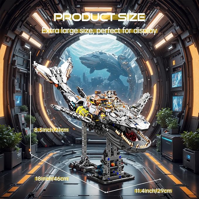 Mechanical Whale Building Set, Sea Animal Building Block Toy, Movable Ocean Animal with Display Stand, Home Decor Gift for Adults Teens（1388PCS）