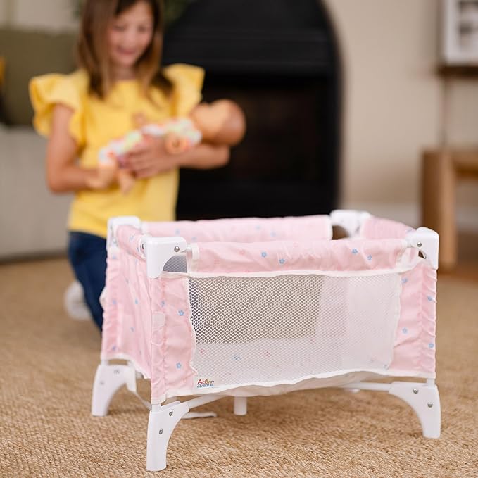 Baby Doll Crib Pack N Play – Foldable Baby Doll Bed with Mesh Sides & Mattress – Portable Toy Crib for 18-22 Inch Dolls