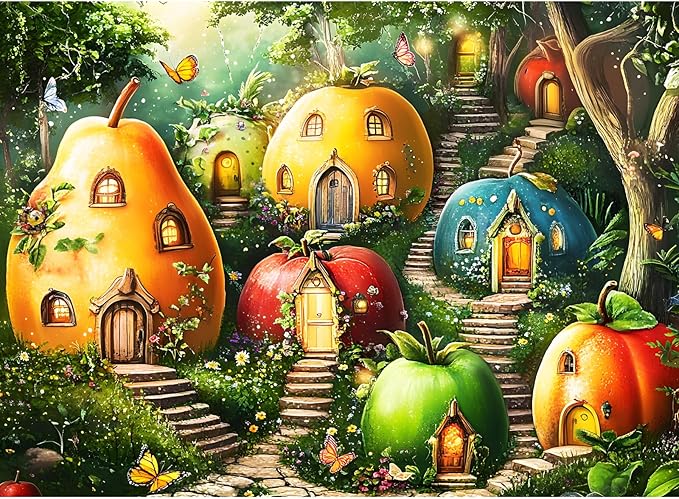 300 Piece Puzzles for Adults, Whimsical Fruit Houses Puzzles, Vibrant Garden Fantasy Art 300 Piece Jigsaw Puzzle, Ideal Home Decor Gift for Adults Kids Seniors, 20.5×15 in