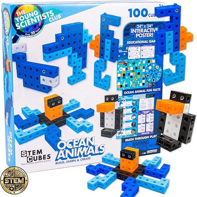 The Young Scientists Club Ocean Animals STEM Cubes,Build,Learn & Create with 100+ Math Cubes Manipulatives,2-in-1 Educational Games,Math Cubes for Kids Ages 4-8,Multi,One Size