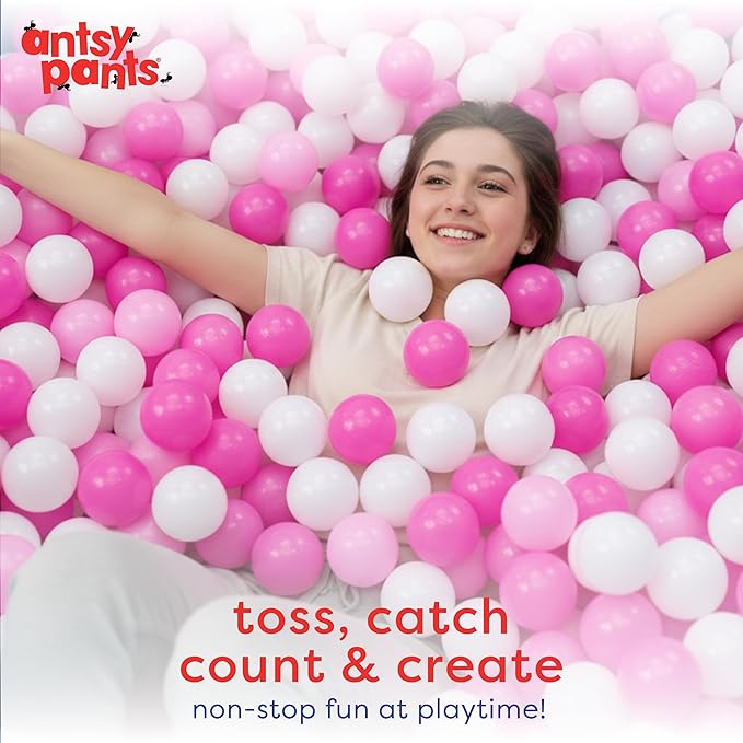 Antsy Pants 100 Ball Pit Balls, Ball Pit for Toddlers 1-3, Non-Toxic Materials, Lightweight, Reusable Storage Bag, Plastic Balls for Ball Pit, Sensory Toys for Kids, Pink/White
