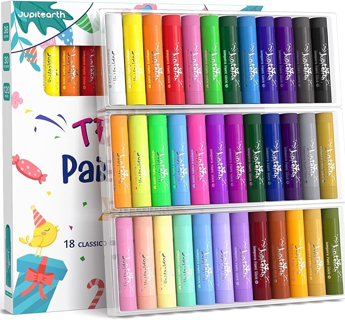 JUPITEARTH 36 Colors Tempera Paint Sticks with 120 PDF Coloring Pages and 30 Stickers, Quick Drying, Smooth, Non-Toxic and Washable Paint Sticks for Kids Drawing on Pumpkin, Wood, Rock, Glass