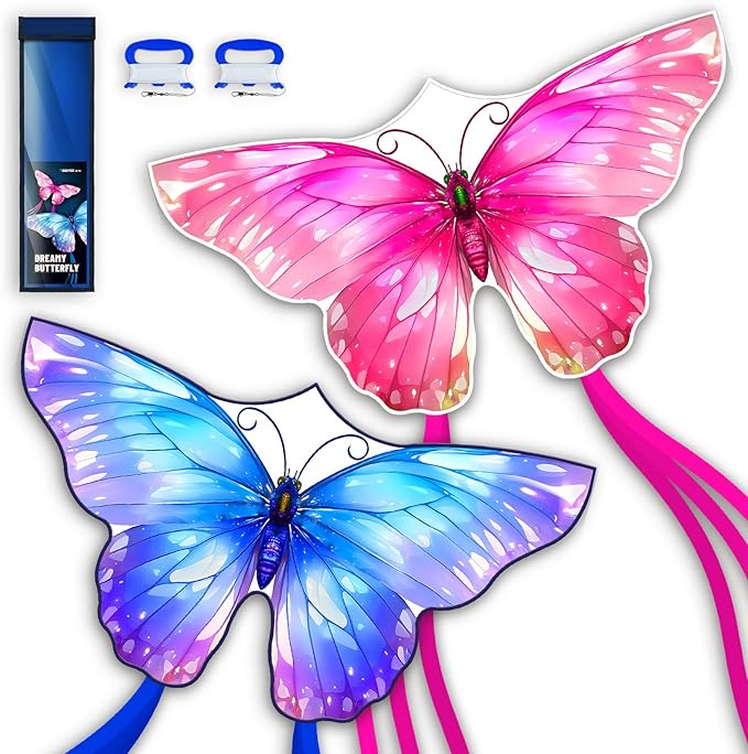 3 Piece Set Butterfly Delta Octopus Kites for Kids and Adults，Easy to Fly for Outdoor Adults Children Line Kite for Kids Toy (Pink +Blue Dreamy Butterfly, 2)
