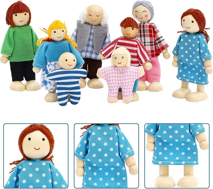 ONEST 16 Pieces Wooden Dollhouse Family Set Mini People Figures Sets Dollhouse Dolls Wooden Doll Family Pretend Play Figures Accessories for Pretend Doll House