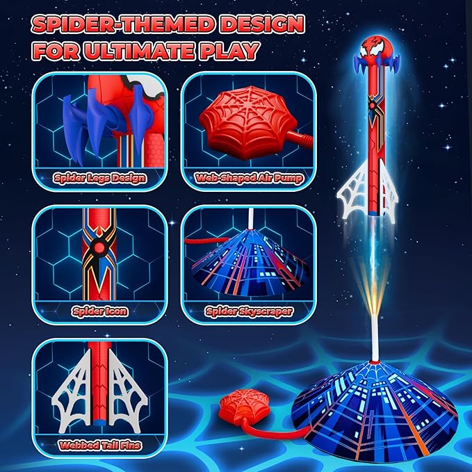 Spider Rocket Launcher for Kids, 4 Rockets with Web Air Pump, Stomping Launch Toys, Outdoor Spider Toys Gifts for 3-10 Year Old Boys & Girls