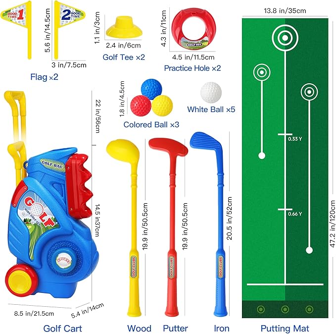 Toddler Golf Set for Boys Girls 1 2 3 4 Years Old, Kids Golf Clubs Set with Cart & Putting Mat, Outdoor Indoor Sports Toys Birthday Gift, Blue