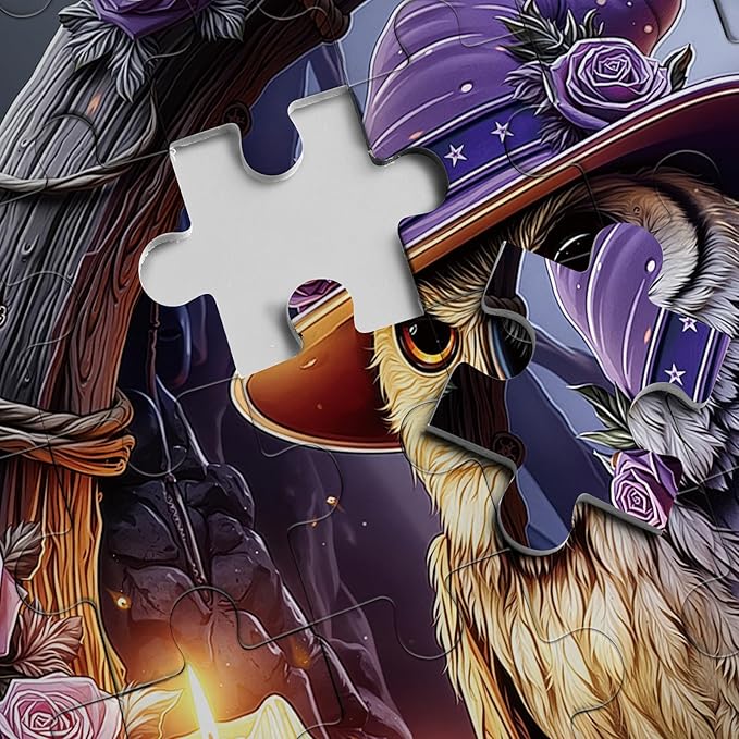 Halloween Magic Owl Flower Puzzles for Adults 1000 Pieces, Funny Bird Floral Art Jigsaw Puzzles, Impossible Challenging Witch Hat Rose Puzzle