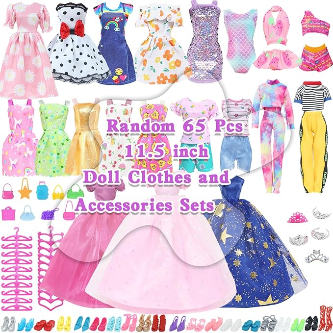 65 Pcs Doll Clothes and Accessories, 5 Fashion Dresses, 3 Wedding Gowns, 4 Outfits Top & Pant, 3 Swimsuits Bikini, 5 Slip Skirts, 20 Hangers, 20 Shoes, 5 Crowns for 11.5 Inch Girl Doll Clothing