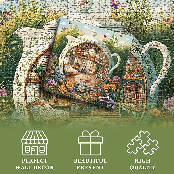 PICKFORU Funny Gnome Puzzles for Adults 1000 Pieces, Flower Garden Nature Plant Butterfly Bird Themed, Tea Cup Flower Art Challenge Jigsaw Puzzle
