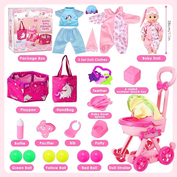 HUITEM Baby Doll Stroller Toys Set, 17 PCS Baby Doll Accessories Stroller Toys with Baby Dolls,2 Sets Doll Clothes, Playpen, Handbag, Feeding Nursery Pretend Play Gifts for Girls Toddlers 3 4 5
