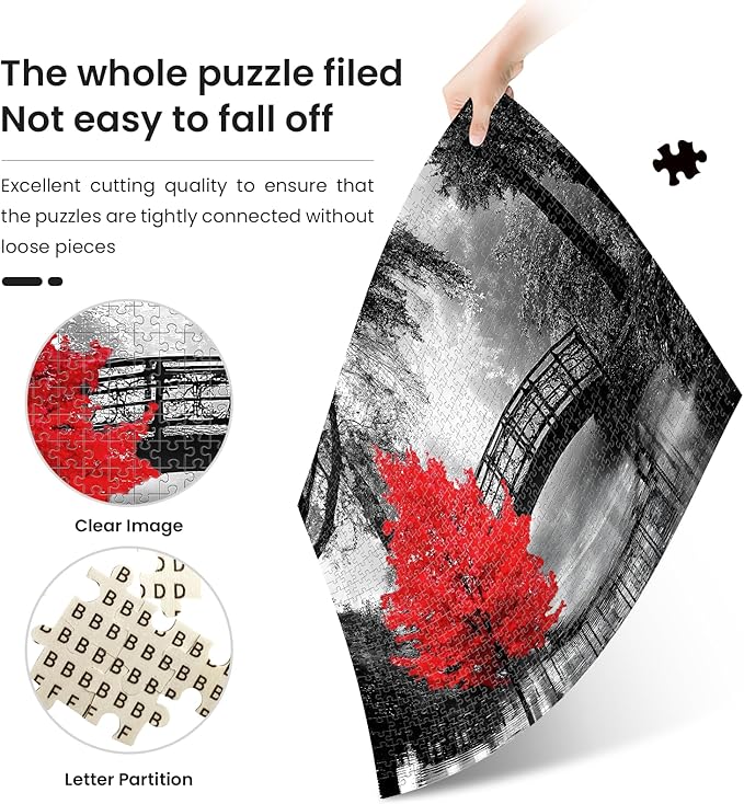 najiaxiaowu Adult Puzzle Classic Jigsaw Puzzle 1000 Pieces Wooden Puzzle DIY Black and White Bridge and Red Tree Modern Home Decor Intellectual Game Wall Art Unique Gift 75x50cm