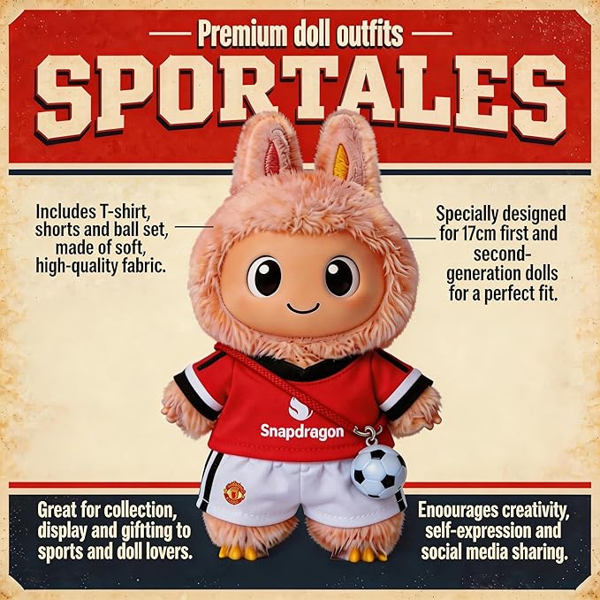 Clothes for LABUBU 17cm Doll, Sports-Themed Football 3-Piece Set, Dolls Clothing Accessories ( No Dolls ) (Football - Red and White)