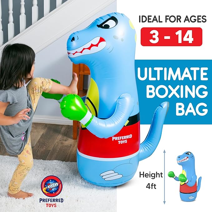 47" Inflatable Dinosaur Punching Bag for Kids - Durable Blow Up Kids Punching Bag with Bounce Back Base - Inflatable Indoor Outdoor Active Toddler Bop Play Toy