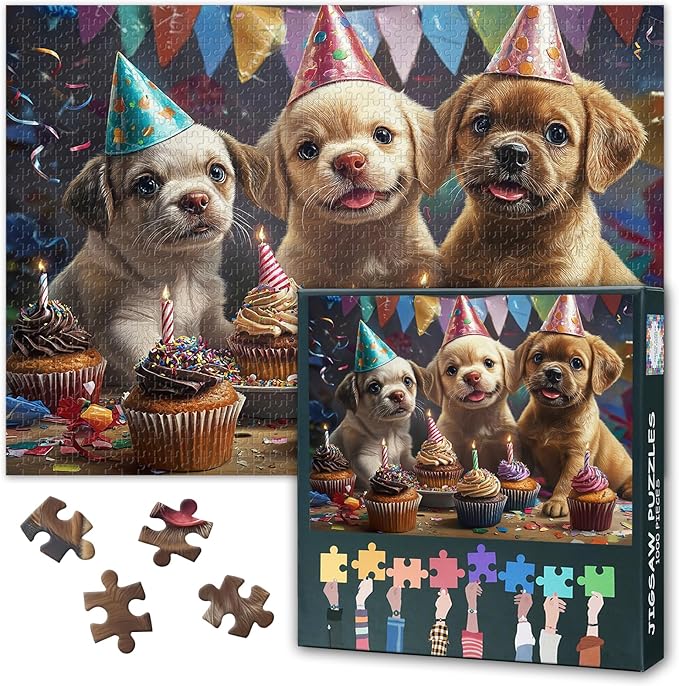 Jigsaw Puzzle 1000 Pieces for Adults, Three Adorable Puppies Adult Jigsaw Puzzles, Puppies Celebrating a Birthday Intellectual 1000 Piece Jigsaw Puzzle, Finished Size 19.5 x 27.5 Inch